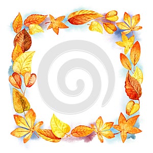 Autumn Leaves Fall Frame Template Watercolor Illustration Isolated Orange Leaf Border. Watercolor stains. Template for DIY project