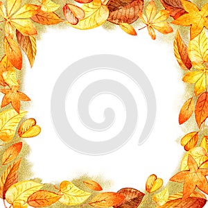Autumn Leaves Fall Frame Template Watercolor Isolated Orange Leaf Border. gold glitter forms. Template for DIY projects, wedding i
