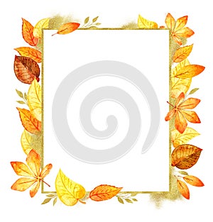 Autumn Leaves Fall Frame Template Watercolor Isolated Orange Leaf Border. gold glitter forms. Template for DIY projects, wedding i