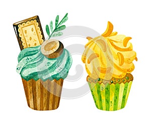 Cupcakes hand drawn illustrations set. Sweet-stuff, confection hand drawn illustrations horizontal background.