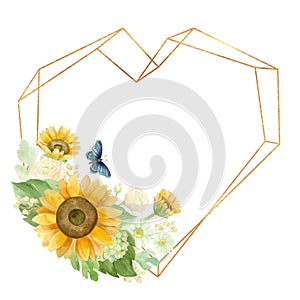 Gold frame heart with sunflowers, white roses and butterflies.