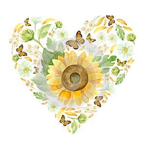 Heart with sunflowers, white roses and butterflies. Template for a wedding invitation,