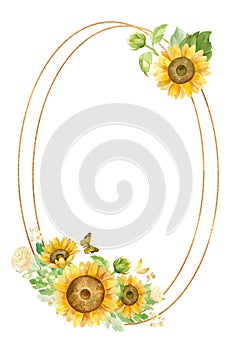 Oval gold frame with sunflowers, white roses and butterflies.