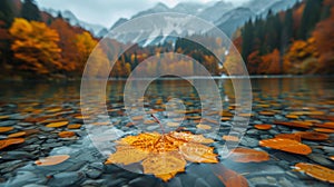 Autumn leaves float on the surface of lake against the backdrop of forest and mountains