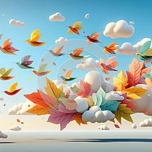 autumn leaves flying falling like brids isolated - ai generated