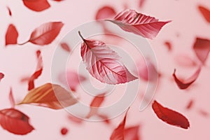 Autumn leaves flying on pink background. Minimal nature concept. photo