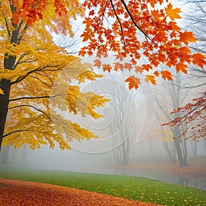 Autumn leaves flying in ther in a foggy