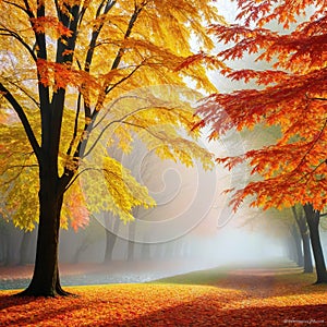 Autumn leaves flying in ther in a foggy