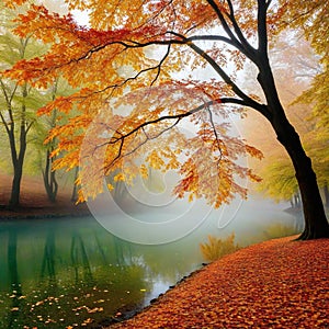Autumn leaves flying in ther in a foggy photo