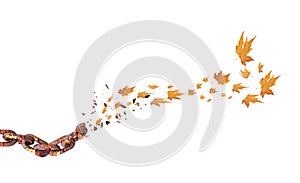 Autumn leaves flying on the wind chain isolated rusty breaking craccking - 3d rendering