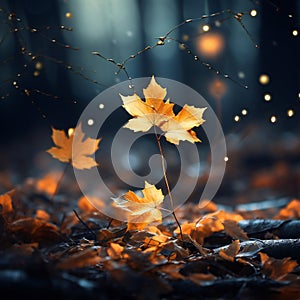 Autumn leaves in the forest with bokeh lights. Fall background