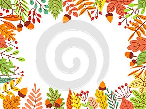 Autumn leaves frame. Fallen yellow leaf, september foliage and autumnal garden leaves border vector illustration