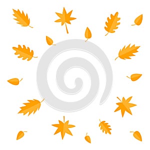 Autumn leaves frame. Yellow orange flying leaf set. Oak, maple, birch, rowan. Wind moving objects. Template for decoration. White