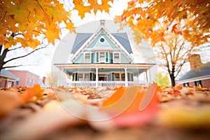 autumn leaves framing a colonial revival house with dormers