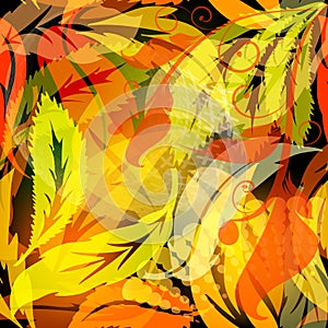 Autumn leaves glowing vector seamless pattern. Abstract ornament