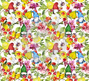 Autumn leaves, gnomes in fall, flowers. Floral seamless pattern with yellow leaf, magical dwarf and meadow blossom