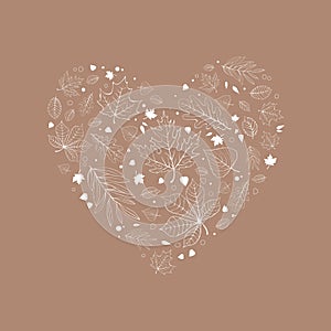 Autumn leaves heart design white outline on beige