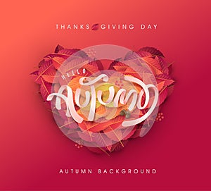 Autumn leaves Heart shape background.