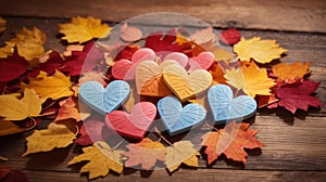 Autumn leaves with hearts