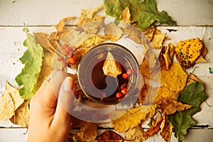 Autumn leaves and hot steaming cup of coffee. Wooden table on sun light background. Fall time concept.
