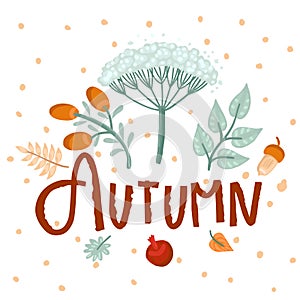 Autumn leaves with inscription. Vector cartoon illustration