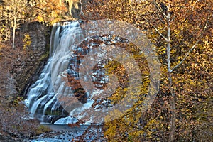 Autumn leaves at Ithaca falls in rural New York