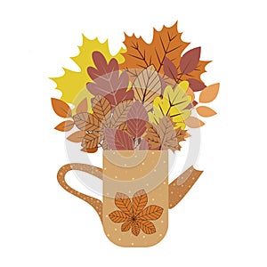Autumn leaves in a jug, vector autumn bouquet of oak, maple leaves, isolated on a white background