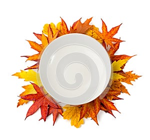 Autumn Leaves Kitchen Mockup, Leaf Pile and Empty Plate Top View
