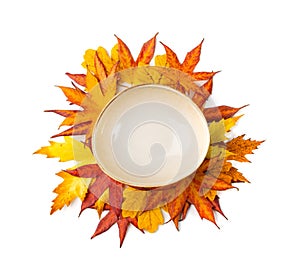 Autumn Leaves Kitchen Mockup, Leaf Pile and Empty Plate Top View