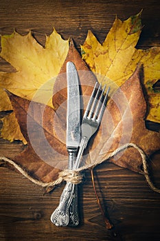 Autumn leaves, knife and fork