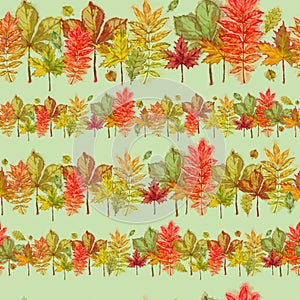 Autumn Leaves Linear Seamless Pattern on Green Background.