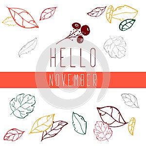 Autumn leaves minimalistic, white background. Hand drawn vector fall of the leaves illustration. hello November. Autumn