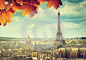 Autumn leaves in Paris and Eiffel tower