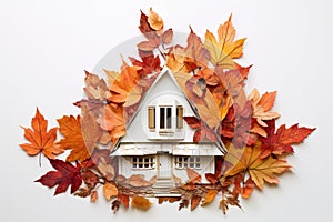 autumn leaves pieced together to form a house on white paper