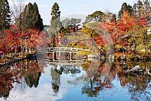 Autumn leaves at pond and bridge in garden of Eikan-do, Kyoto