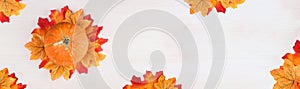 Autumn leaves and pumpkin over wooden background with copy space