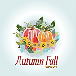 Autumn leaves with pumpkins greetings card