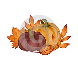 Autumn leaves and pumpkins seasonal fall composition print card, vector isolated white