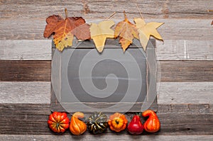 Autumn leaves, pumpkins on wooden background with copy space on chalkboard