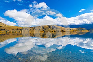 Autumn leaves at reflection Lake Hayes, South Island, New Zealand