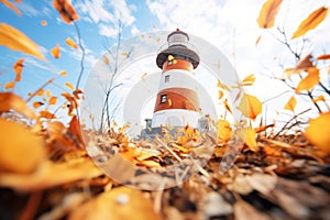 autumn leaves scattered around forgotten lighthouse