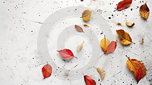 Autumn leaves scattered on a white, textured surface with vivid colors ranging from red to golden yellow