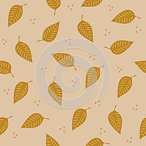 Autumn leaves seamless pattern on beige background.