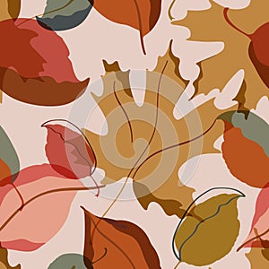 Autumn leaves seamless pattern. Falling trees leaves minimal art background
