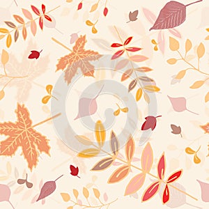 Autumn leaves seamless pattern with light yellow background.