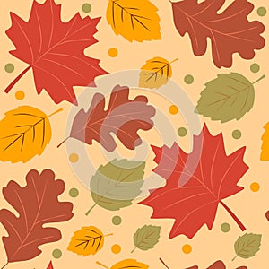Autumn leaves seamless pattern with maple, oak and linden tree leaf. Fall background or wallpaper. Vector elements for cozy design