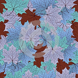 Autumn leaves, seamless pattern, vector background. Blue, purple, turquoise and brown maple . For the design of