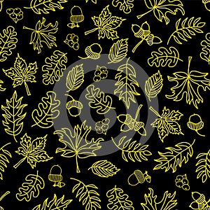 Autumn leaves seamless vector background. Lime green leaves on a black background. Acorns, oak tree, maple tree pattern. Doodle