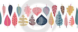 Autumn leaves seamless vector border. Scandinavian style repeating doodle pattern. Red pink gold blue leaf elements illustration.