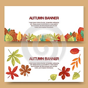 Autumn leaves set of banners vector illustration. Green, red, orange, brown and yellow falling leaves. Colorful maple